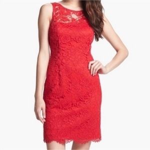 Adriana Papell Illusion Yoke Sheath Red Lace Dress
